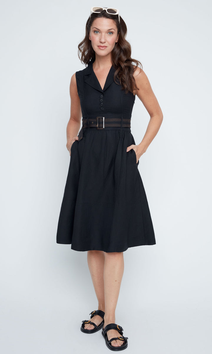 Belted Sleeveless Button Detail Dress
