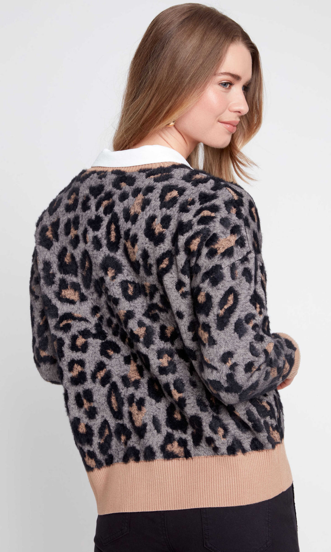 Animal Print Contrast Trim Cardigan