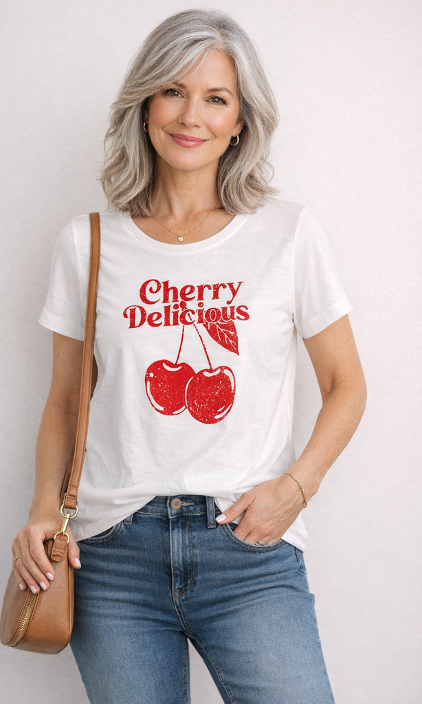 Woman wearing a white t-shirt with 'Cherry Delicious' design, standing against a plain background.