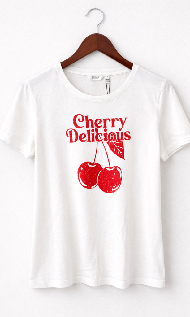 White t-shirt with red cherry graphic and 'Cherry Delicious' text on a hanger against a white background