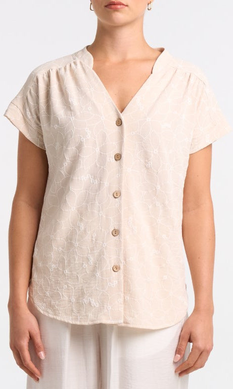 Natural beige embroidered button-front short sleeve V-neck blouse