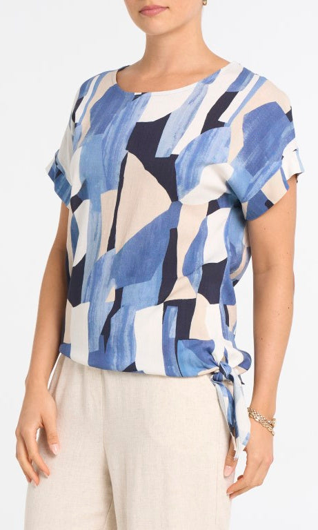 Blue abstract side-tie short sleeve top