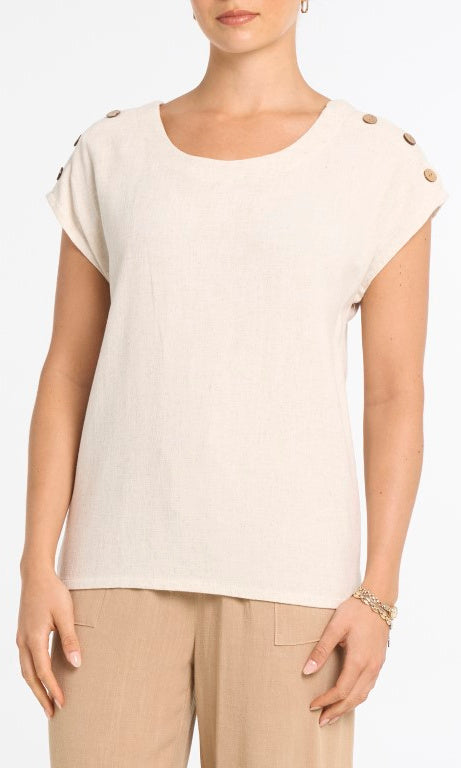 Natural button-shoulder scoop neck top