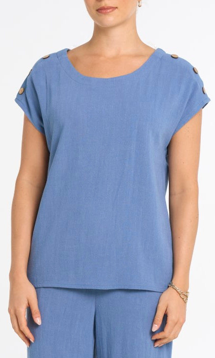 Button-Shoulder Short Sleeve Scoop Neck Top