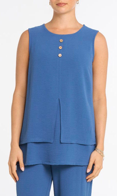 Denim blue sleeveless split-hem top with decorative front buttons