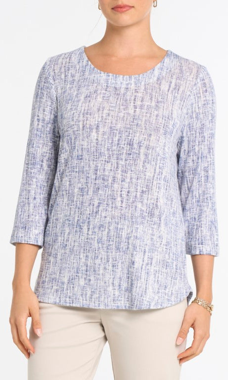 Denim blue textured scoop neck top with 3/4 sleeves