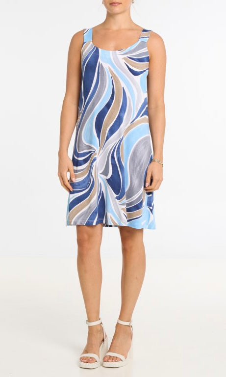 Blue multi abstract swirl print sleeveless scoop neck dress
