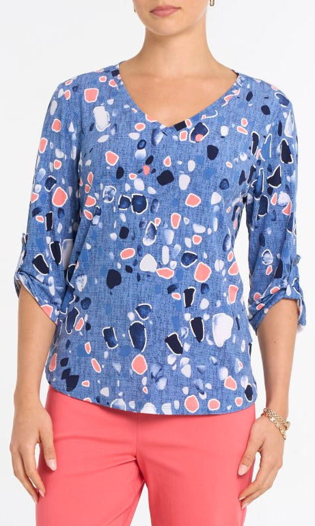 Blue multi abstract print V-neck top with 3/4 roll-tab sleeves