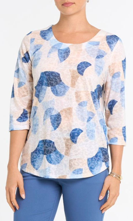 abstract print top, 3/4 sleeve knit top, casual printed blouse, lightweight everyday top, relaxed fit women’s top, boutique knit top, work to weekend top, comfortable stretch top, travel friendly top, modern abstract shirt