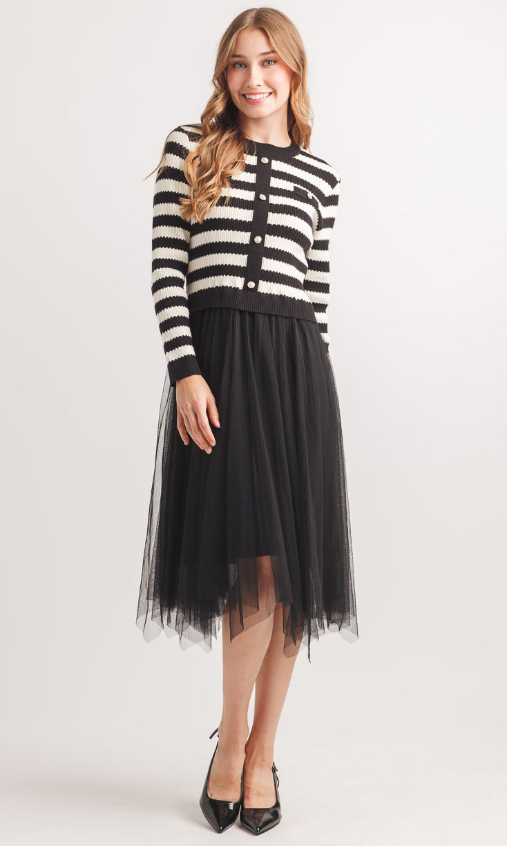 Striped Knit and Tulle Midi Dress
