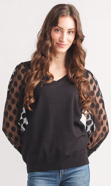 Polka-Dot Sheer-Sleeve Knit Top