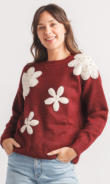 Floral Appliqué Crewneck Sweater