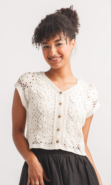 Crochet Knit Button-Front Cap Sleeve Top