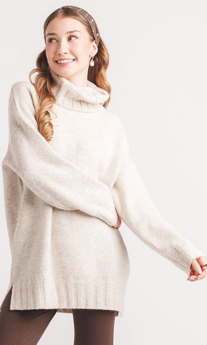 Side-Slit Turtleneck Tunic Sweater