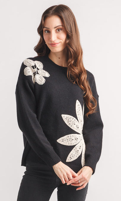 Crochet Floral Appliqué Knit Sweater