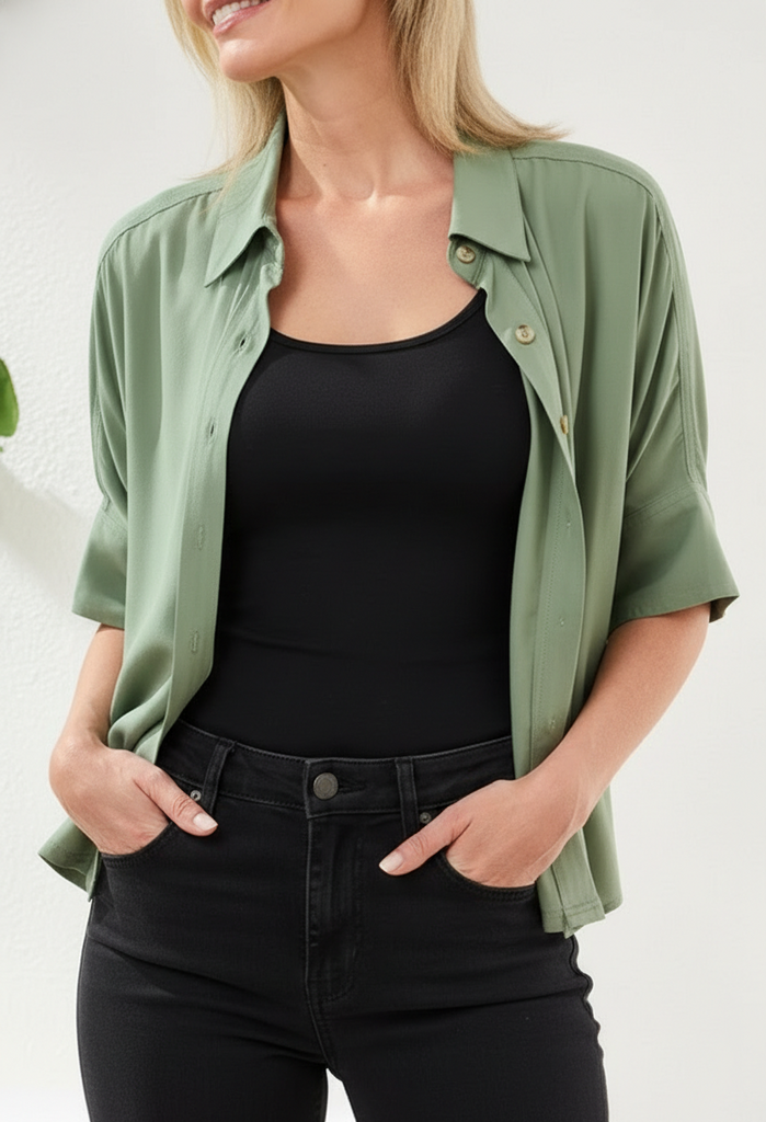 Woman wearing a green shirt over a black top and black pants on a white background
