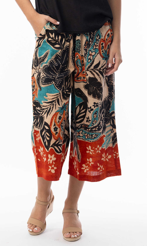 Printed Pull-On Cropped Wide-Leg Pant