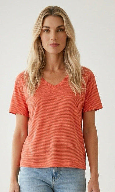 Striped V-Neck Short Sleeve Knit Top