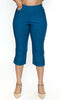 Blue capri pants worn by a person on a white background