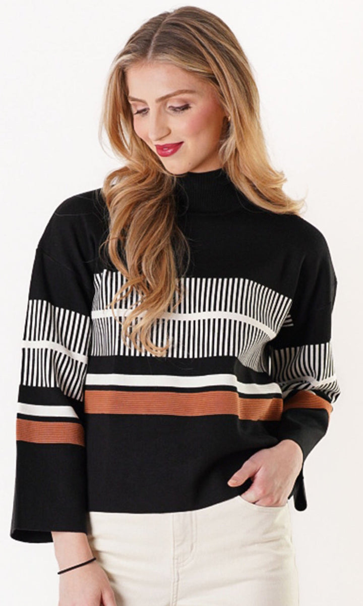 Geometric Stripe Mock-Neck Sweater