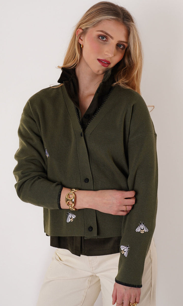 Embroidered Bee Button-Front Cardigan