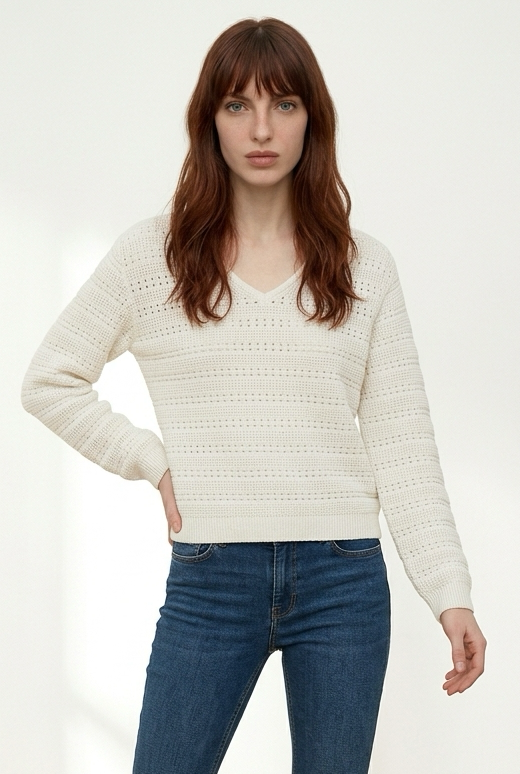 V-Neck Long Sleeve Cotton Knit Sweater