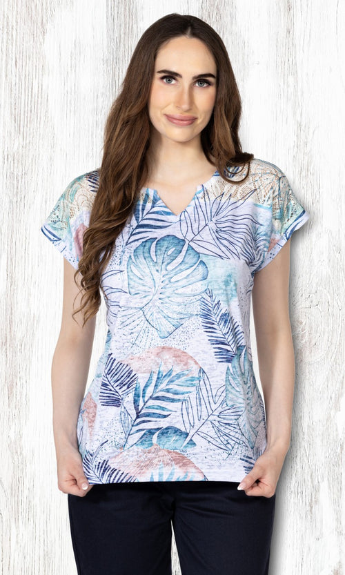 Tropical Leaf Print Notch Neck Top