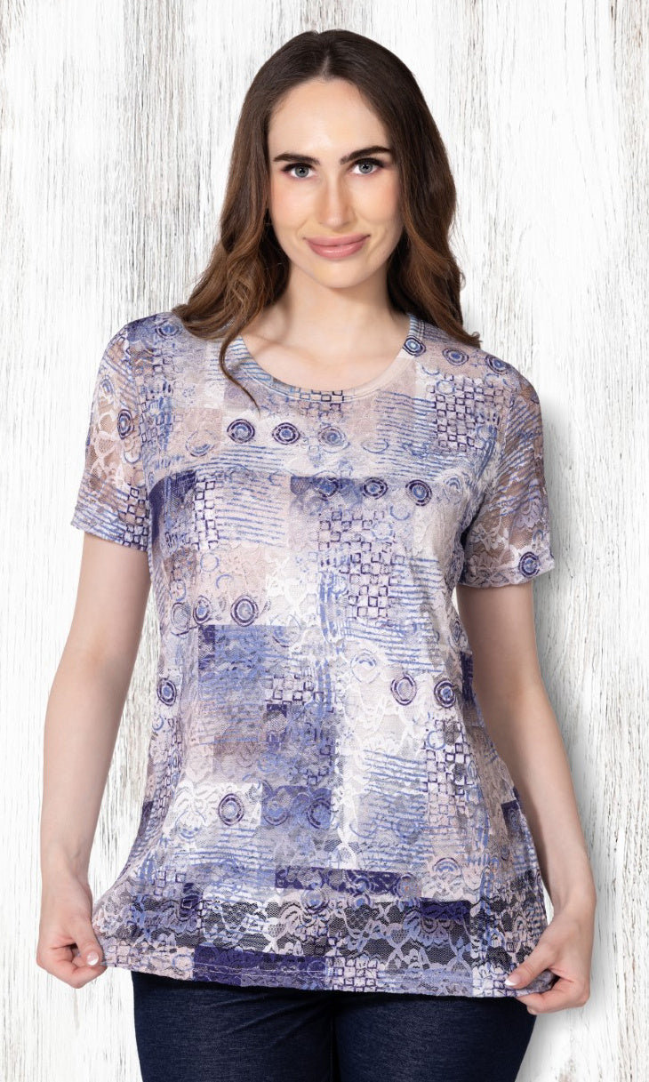Mixed Print Lace Hem Short Sleeve Top