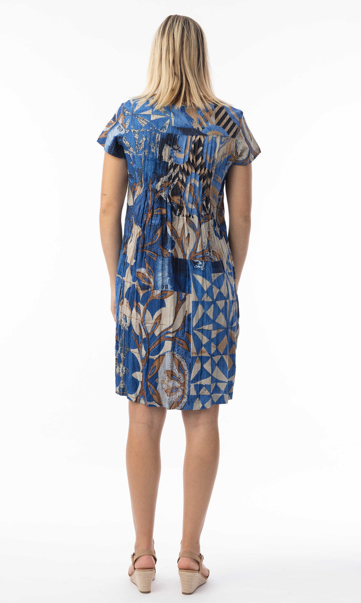 Pleated Button Front Short Sleeve Dress With V-Neck