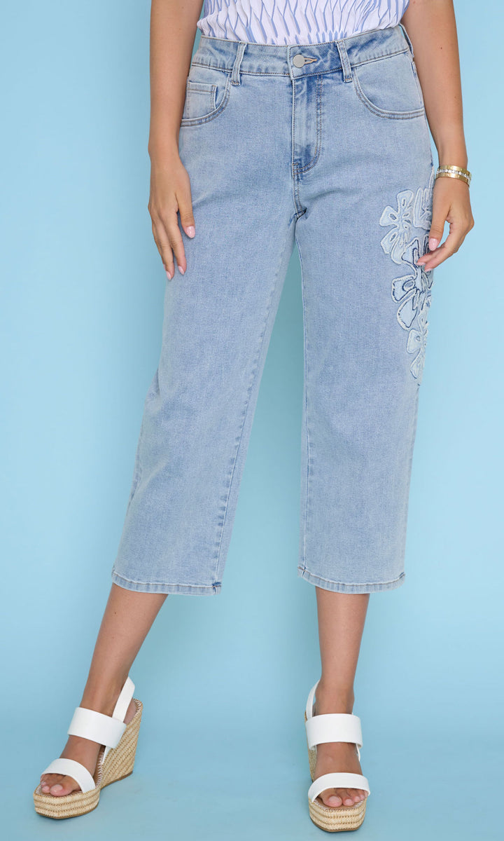 Cropped Wide Leg Embroidered Denim Jeans