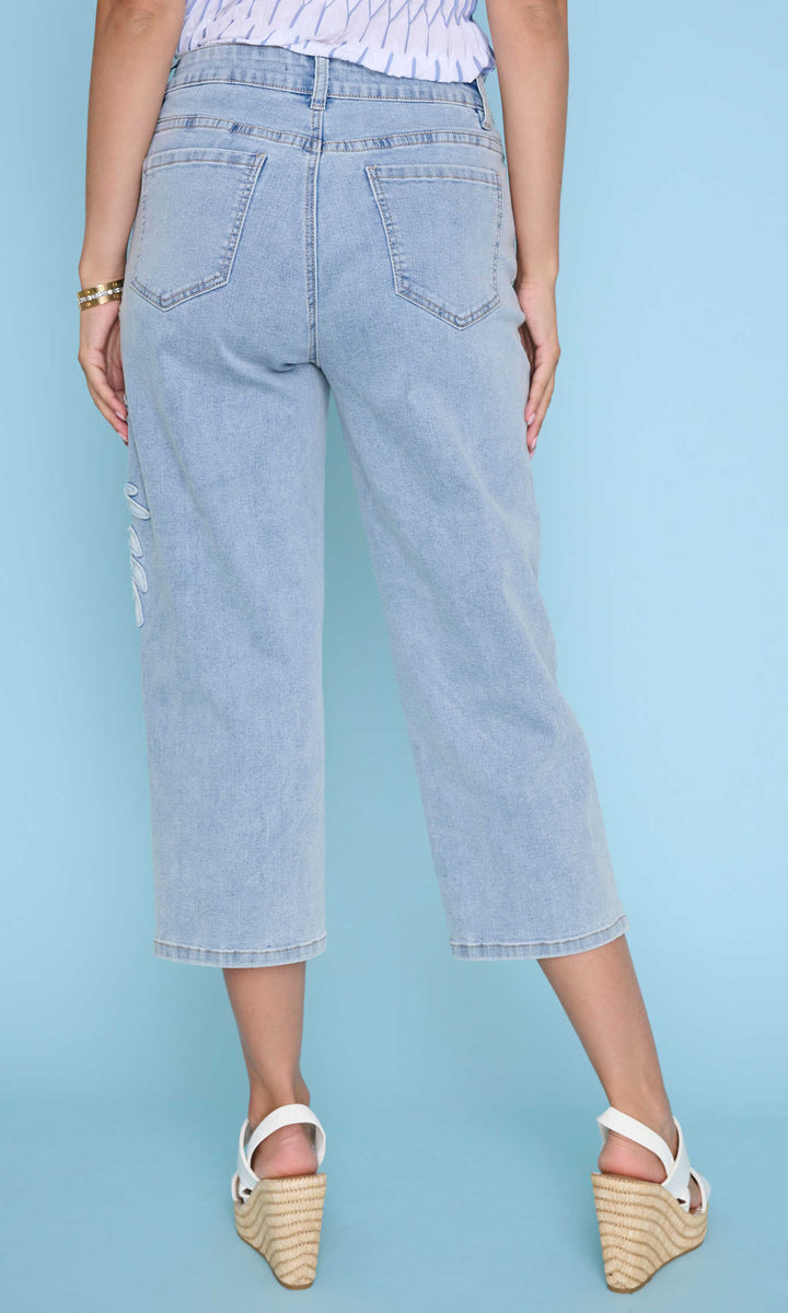 Cropped Wide Leg Embroidered Denim Jeans