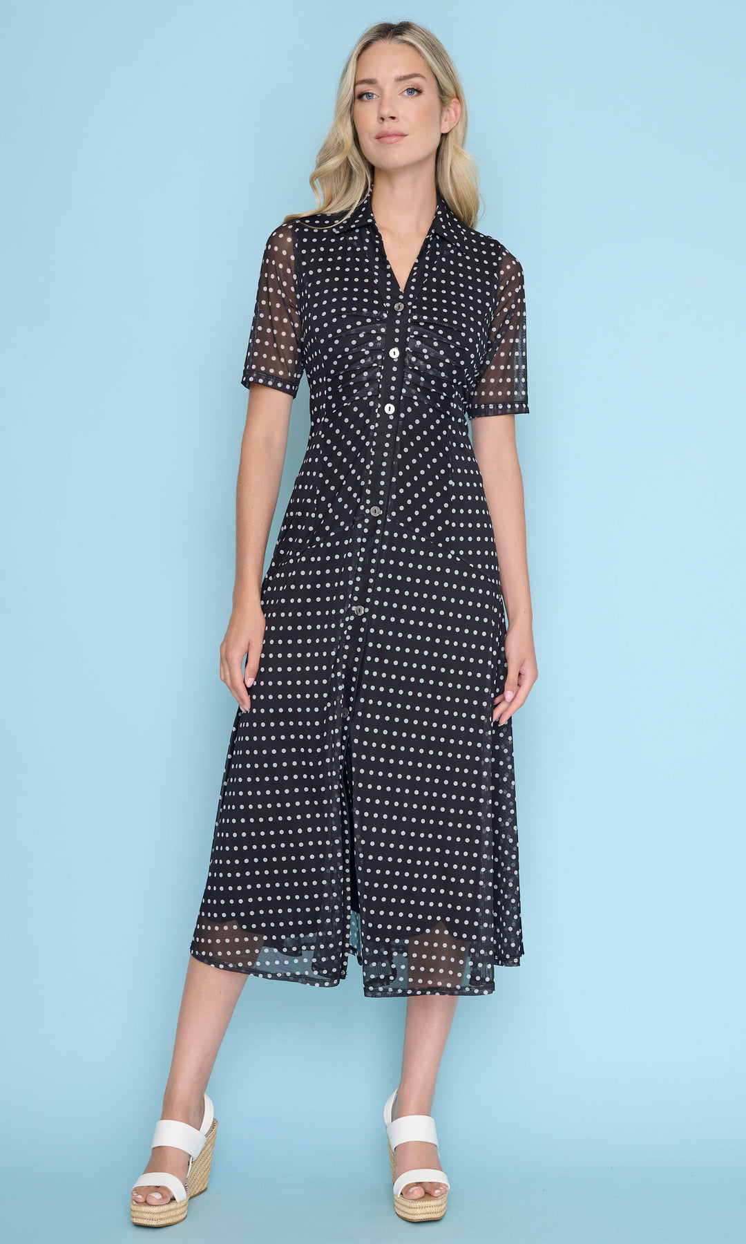 Polka Dot Button-Front Midi Dress