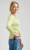Striped V-neck lightweight knit sweater with long sleeves and ribbed hem.