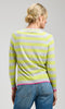 Striped V-neck lightweight knit sweater with long sleeves and ribbed hem.