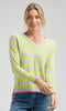 Striped V-neck lightweight knit sweater with long sleeves and ribbed hem.