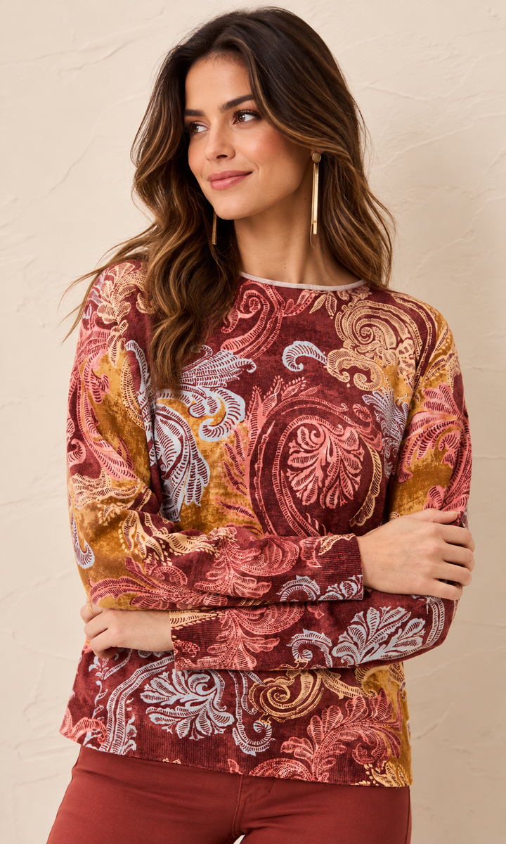 Ornamental Print Crew Neck Sweater