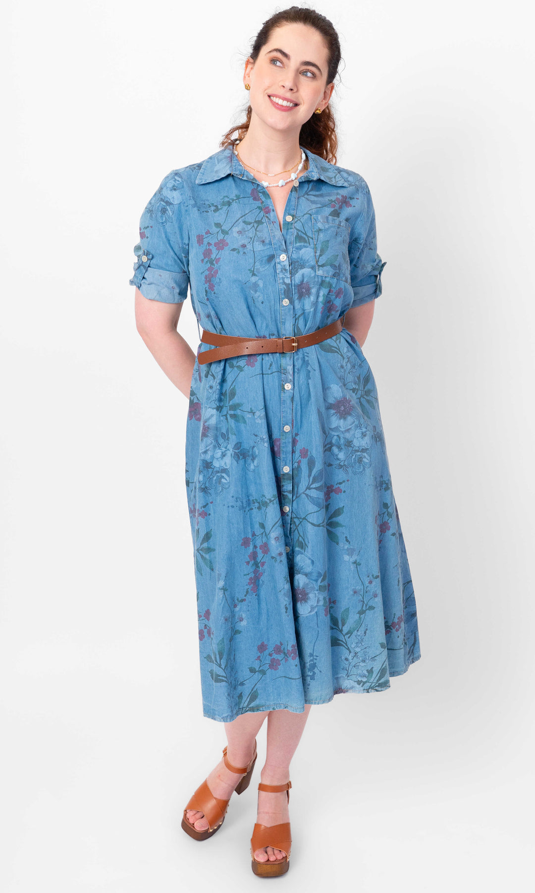 Botanical Print Cotton Shirt Dress