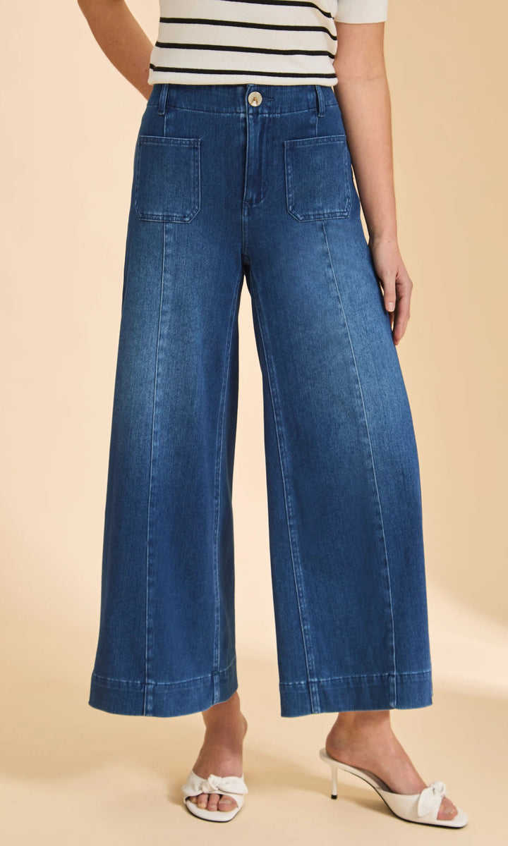 Wide leg denim pants, cropped wide leg jeans, women’s cropped denim, high rise wide leg jeans, boutique denim pants, modern women’s jeans, lightweight denim trousers
