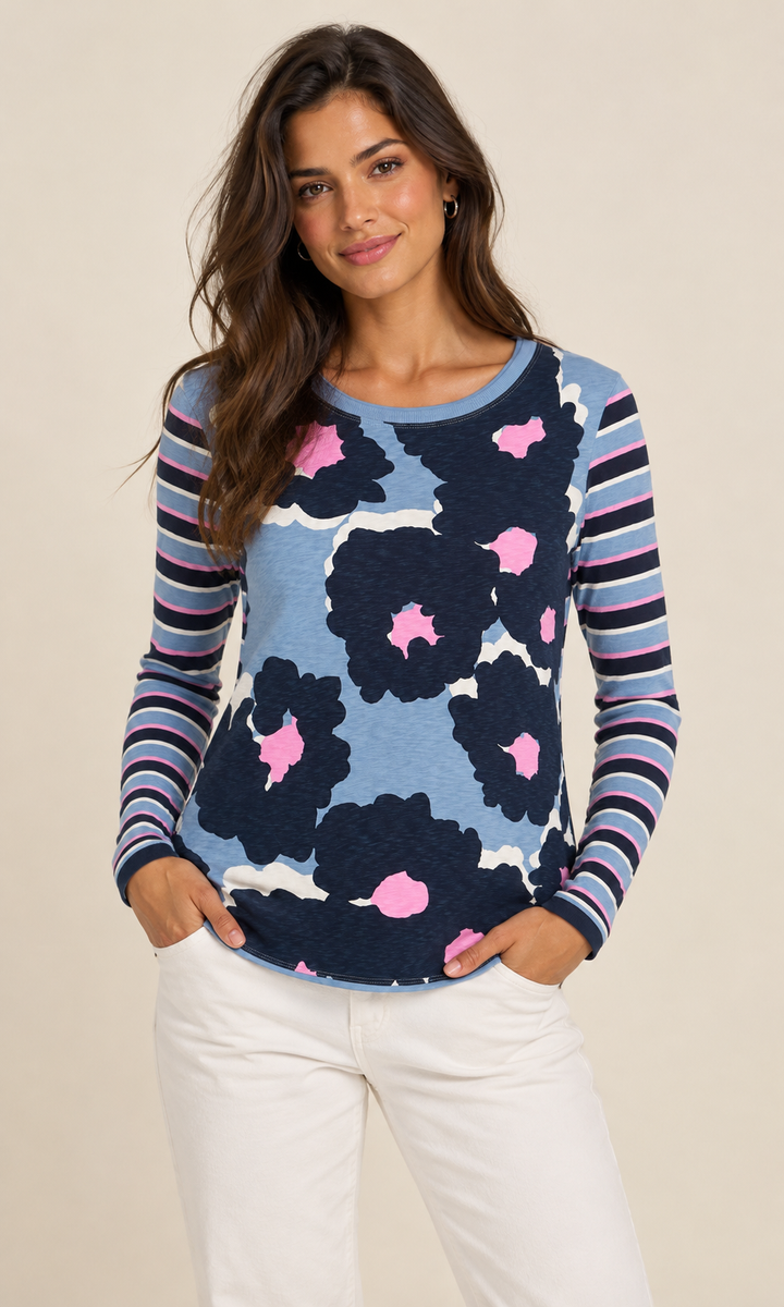 Floral Stripe Contrast Sleeve Top