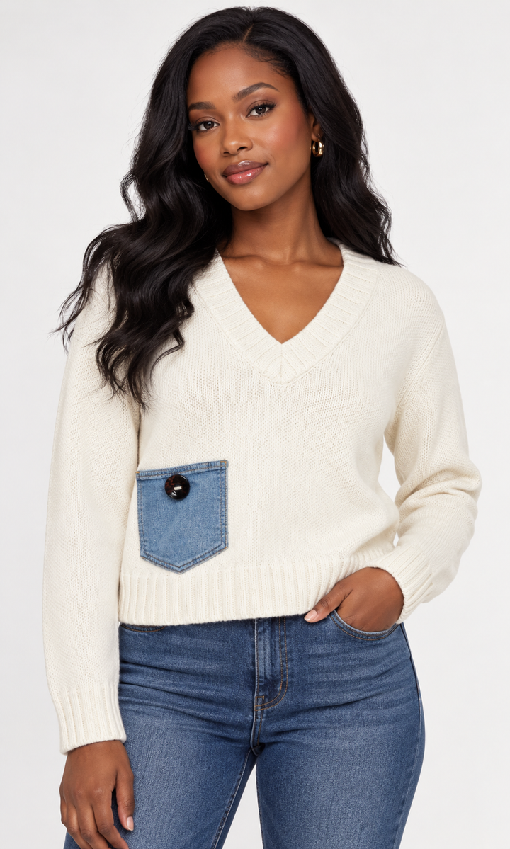 Denim Pocket Cotton V Neck Sweater
