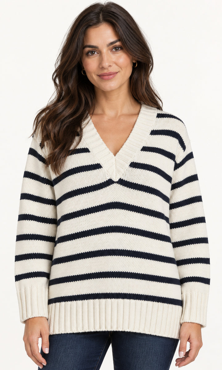 Cotton-Cashmere Striped V-Neck Sweater