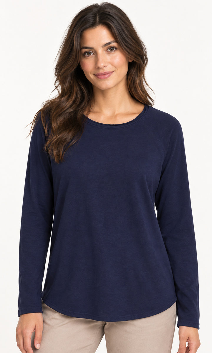 Curved-Hem Cotton Long-Sleeve Top