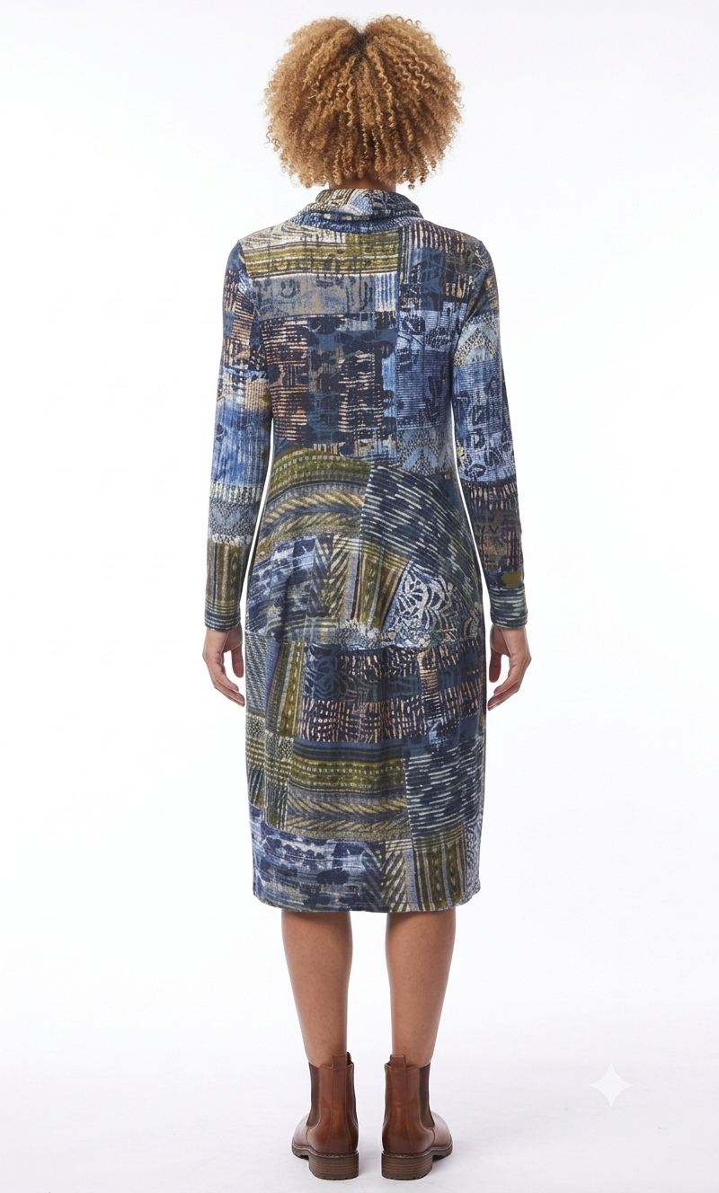 Patchwork Print Cowl Neck Dress