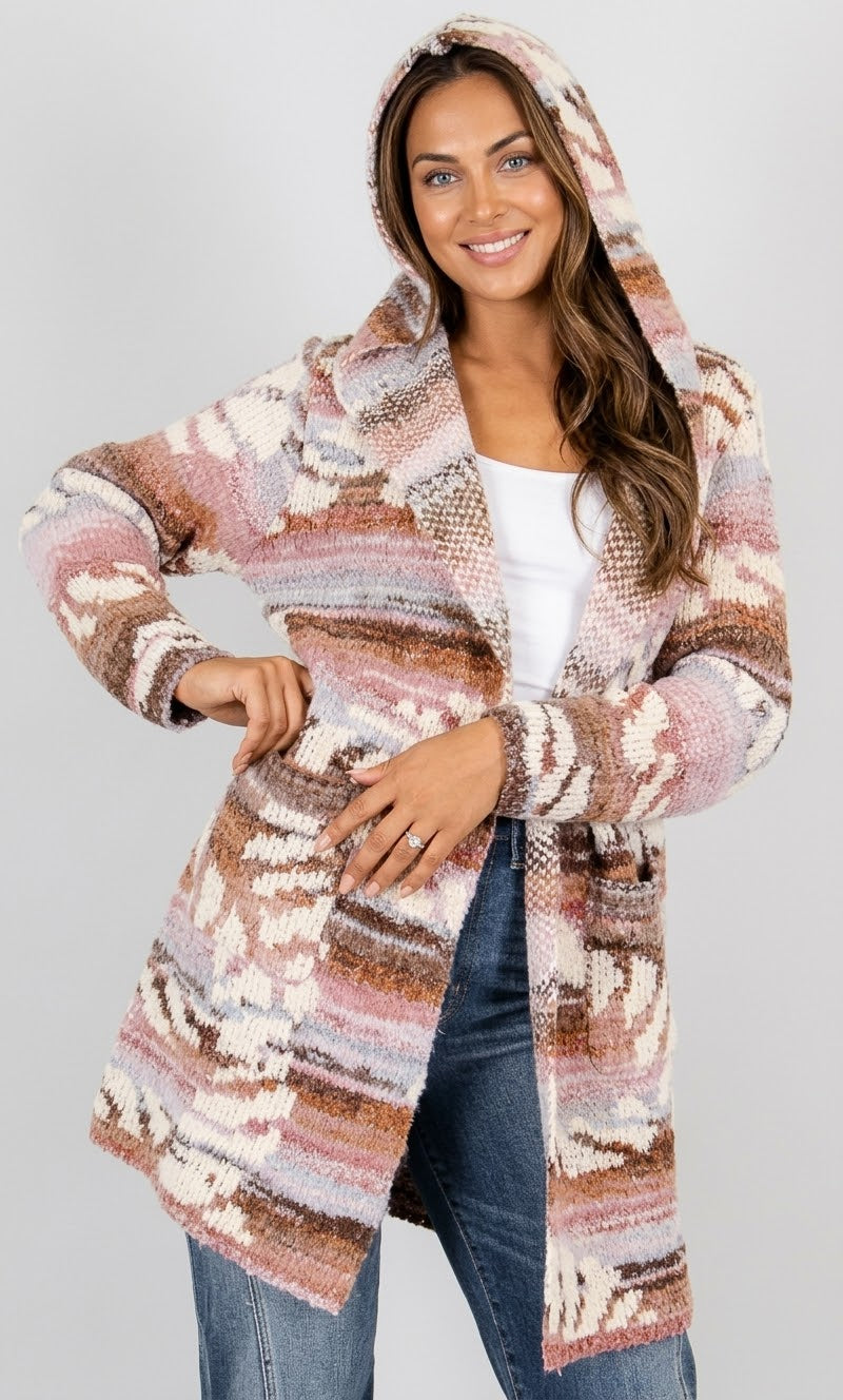 Abstract Knit Hooded Longline Cardigan