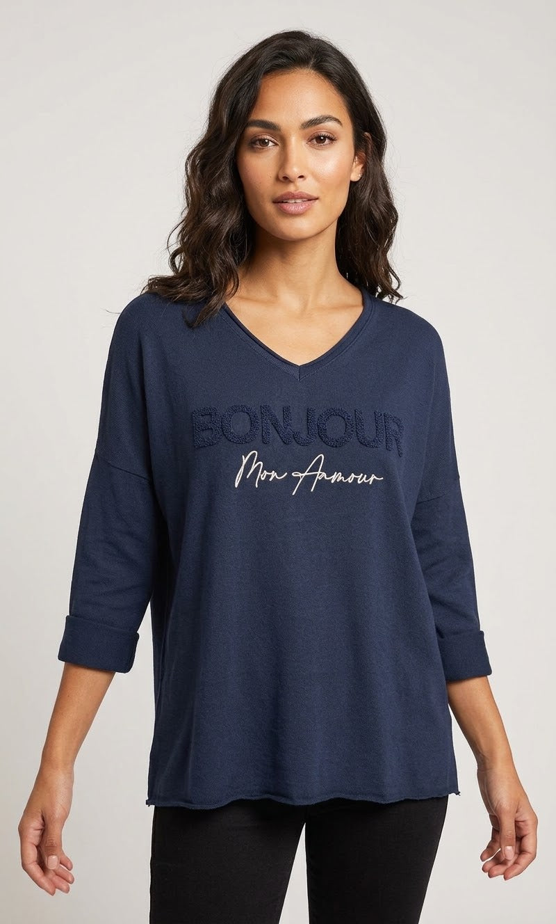 Bonjour Graphic V-Neck Top
