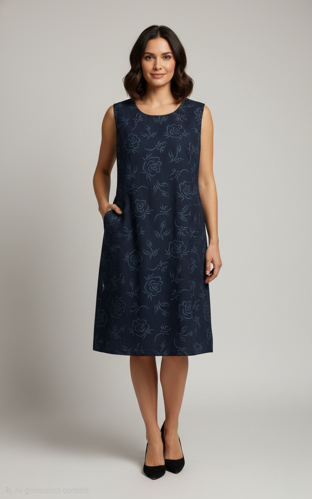 Woman wearing a navy dress with floral pattern on a plain background