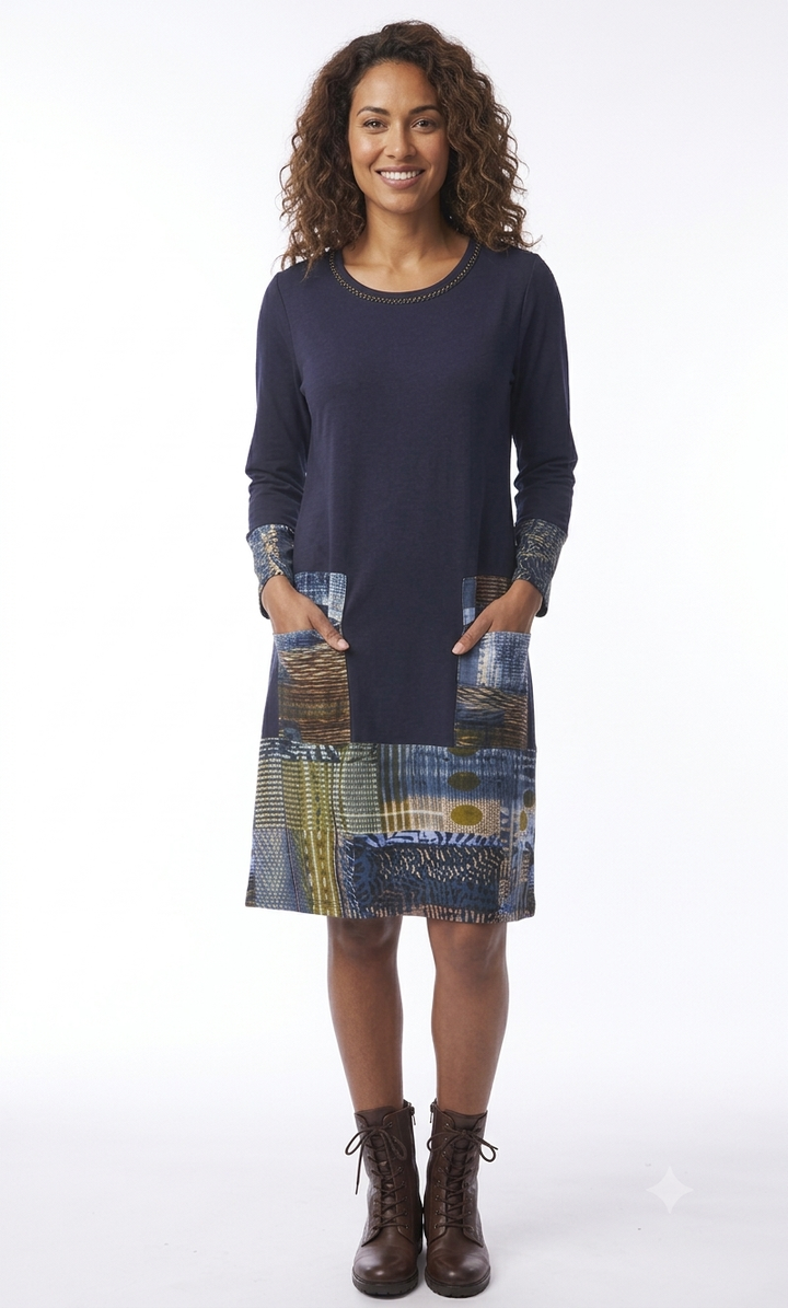 Patchwork Trim Pocket Dress