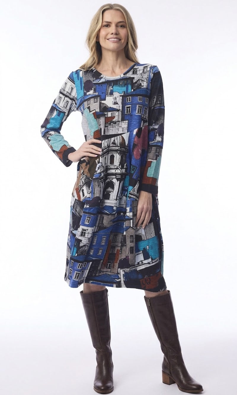 Organic Cotton Cityscape Print Midi Dress