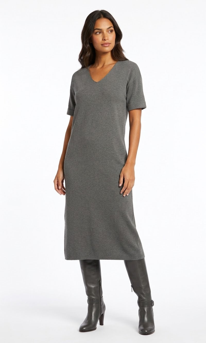 V-Neck Short-Sleeve Midi Knit Dress