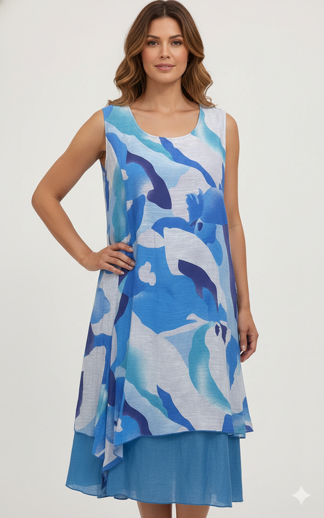 Woman in Sleeveless Layered Abstract Print Dress.